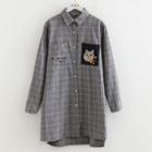 Plaid Cat Embroidered Long-sleeve Shirtdress Gray - One Size