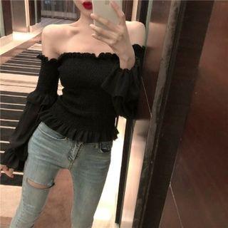 Off-shoulder Ruffle-trim Blouse Black - One Size