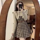 Flower Embroidered Collared Sweater / Plaid Mini Overall Dress / Set