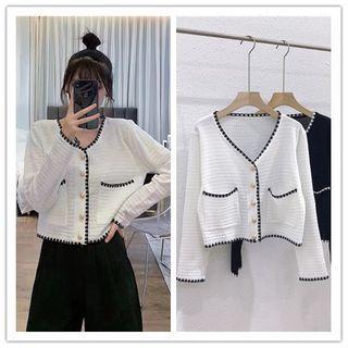 Long-sleeve Contrast Trim Button-up Knit Top