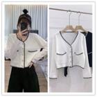 Long-sleeve Contrast Trim Button-up Knit Top