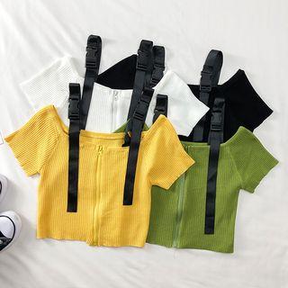 Buckled-strap Zipper Light Knit Top