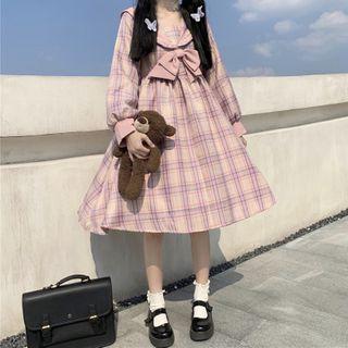 Long-sleeve Plaid Midi A-line Skirt