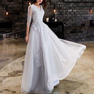 Elbow Sleeve Lace Panel Mesh A-line Evening Gown