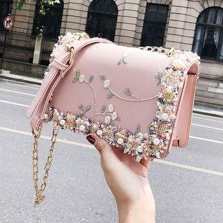 Flower Embroidered Chain Strap Faux Leather Crossbody Bag