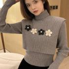 Mock Two-piece Turtleneck Beaded Flower Sweater