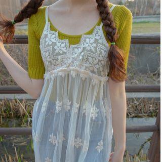 Elbow-sleeve Knit Top / Strappy Lace Dress