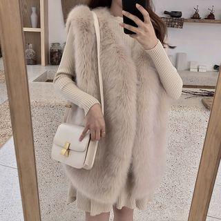 Long-sleeve A-line Rib Knit Dress / Faux Fur Vest