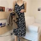 Spaghetti-strap Floral Print Midi A-line Dress Black - One Size