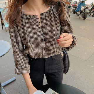 Puff-sleeve Plaid Half-button Blouse As Shown In Figure - One Size