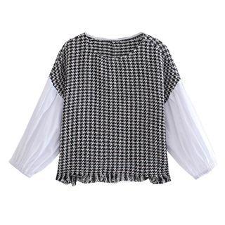 Long-sleeve Houndstooth Fringed Blouse