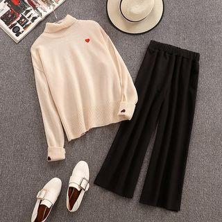Set: Mock Neck Embroidered Sweater + Wide Leg Pants