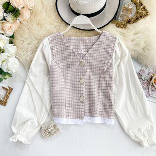 Long-sleeve Plaid-panel Buttoned Top