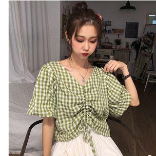 Checked Drawstring Puff-sleeve Blouse