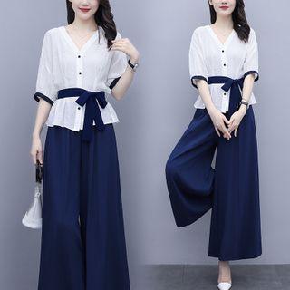 Set: Elbow-sleeve Tie-front Blouse + Wide Leg Pants