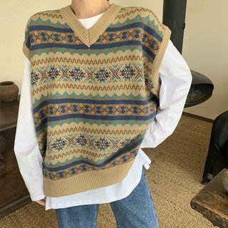 Plain Long-sleeve Loose-fit T-shirt / Pattern Knit Vest