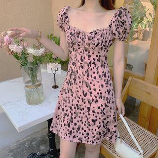 Bubble Sleeve Frill Trim Sweetheart Leopard Mini A-line Dress