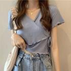 Short-sleeve Tie-strap Lettuce Edge Cropped Top