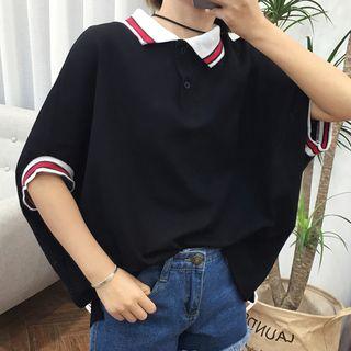 Striped Panel 3/4 Sleeve Polo Shirt