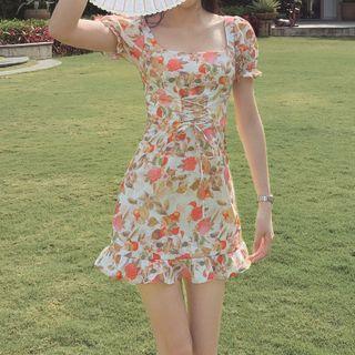 Square-neck Lace-up Bow Floral Puff-sleeve Dress