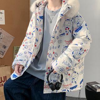 Faux-fur Hooded Print Padded Jacket