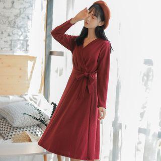 Long-sleeve Tie-waist Midi Rib-knit Dress