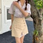 Elbow-sleeve Striped Mini Shirtdress / Mini A-line Skirt