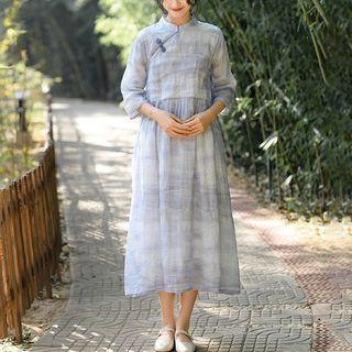 3/4-sleeve Tie Dye Midi Smock Dress
