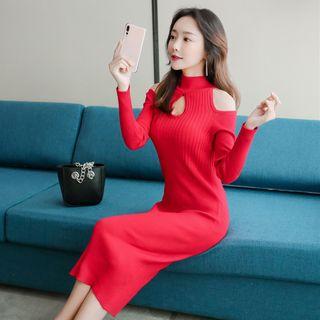 Cold-shoulder Long-sleeve Midi Knit Dress