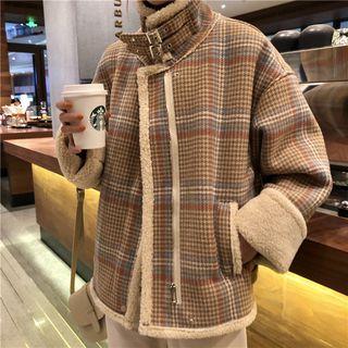 Belt-detail Plaid Zip Coat Yellow - One Size