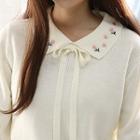 Floral-embroidered Collar Beribboned Knit Top