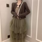 Long-sleeve Knit Cardigan / Spaghetti-strap Layered Pleated Sheer Skirt