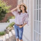 Laced Puff-sleeve Stripe Top