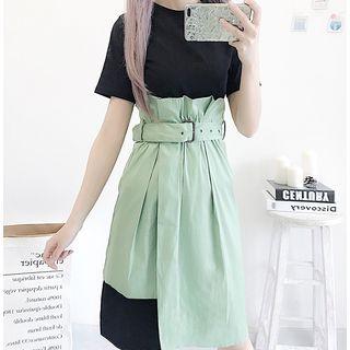 Set: Short-sleeve T-shirt Dress + High-waist Asymmetric Skirt