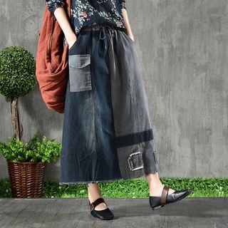 Striped Panel Denim Midi Skirt Monochrome - One Size