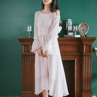Long-sleeve Off-shoulder Gathered-waist Chiffon Dress