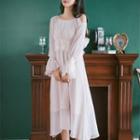 Long-sleeve Off-shoulder Gathered-waist Chiffon Dress