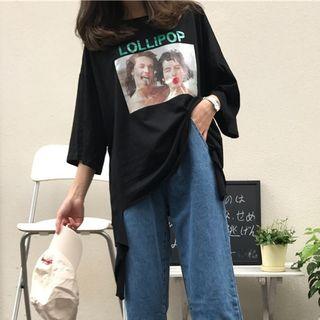 Distress Hem Print Shirt-sleeve Long T-shirt