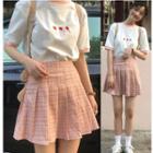 Strawberry Embroidered Short-sleeve T-shirt / Plaid Pleated Skirt