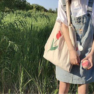 Flower-print Linen Tote Bag Red Tulip - Off-white - One Size