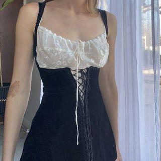 High-waist Stitched Spaghetti-strap Mini Dress