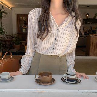 Collarless Pinstripe Crepe Shirt Ivory - One Size