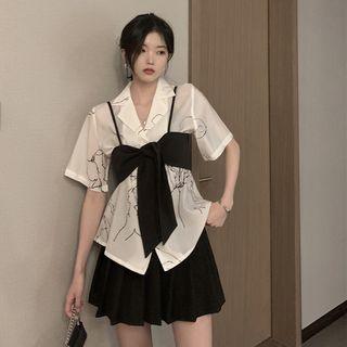 Set: Printed Short-sleeve Shirt + Camisole Top Shirt - White - One Size / Camisole Top - Black - One Size