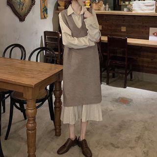 Long-sleeve Midi A-line Shirt Dress / Knit Vest / Set