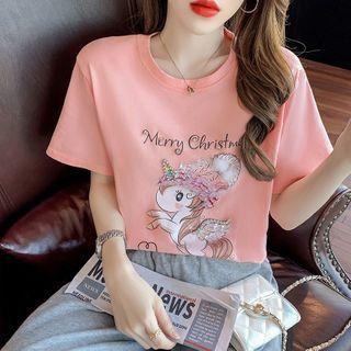 Short-sleeve Sequined Unicorn Print T-shirt