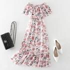 Off-shoulder Short-sleeve Print Midi A-line Dress