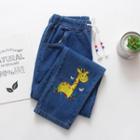 Giraffe Embroidered Drawstring Straight-fit Jeans