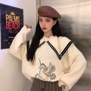Printed Peter-pan Collar Loose-fit Puff-sleeve Top