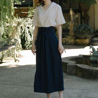 Set: Short-sleeve Shirt + High-waist A-line Midi Skirt