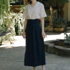 Set: Short-sleeve Shirt + High-waist A-line Midi Skirt